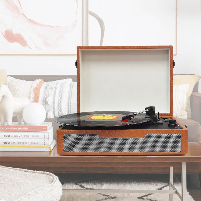 TE-011 High end wooden best price portable suitcase outdoor wireless bluetooth usb fm radio retro vinyl turntable record player