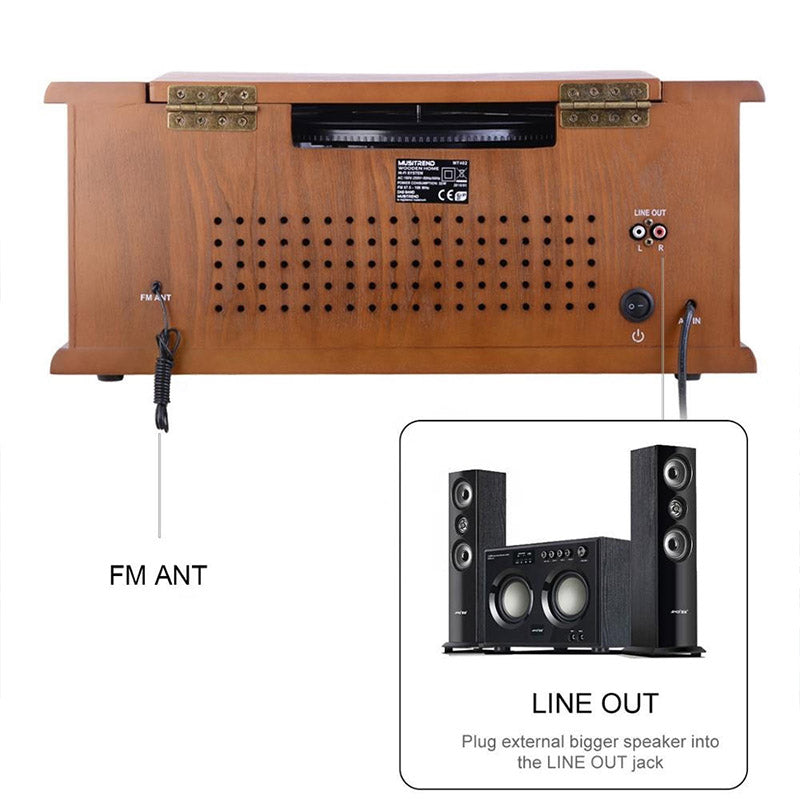Wooden CD Play Pigtail Antenna DAB FM Radio Vinyl Turntables Player With Built-in 2x5W Speakers