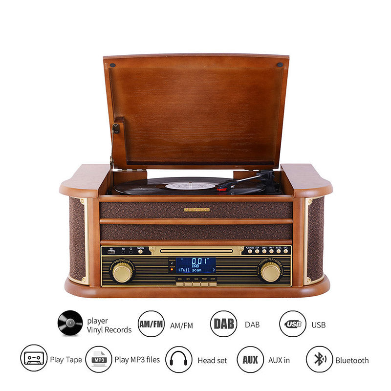Wooden CD Play Pigtail Antenna DAB FM Radio Vinyl Turntables Player With Built-in 2x5W Speakers