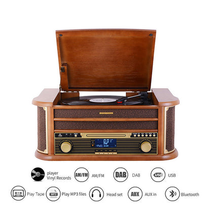 Wooden CD Play Pigtail Antenna DAB FM Radio Vinyl Turntables Player With Built-in 2x5W Speakers